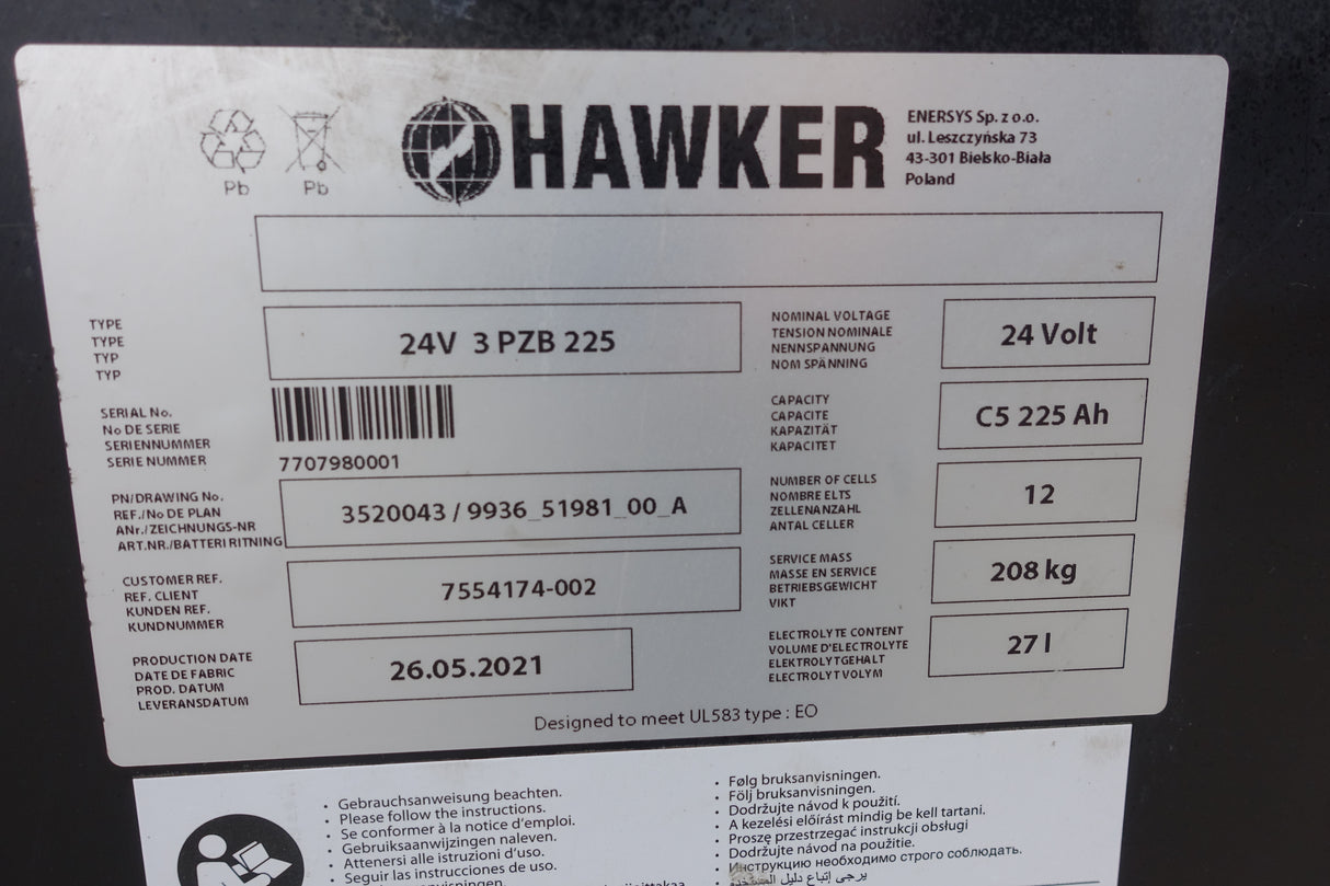 Hawker Staplerbatterie 24V 3PzB225