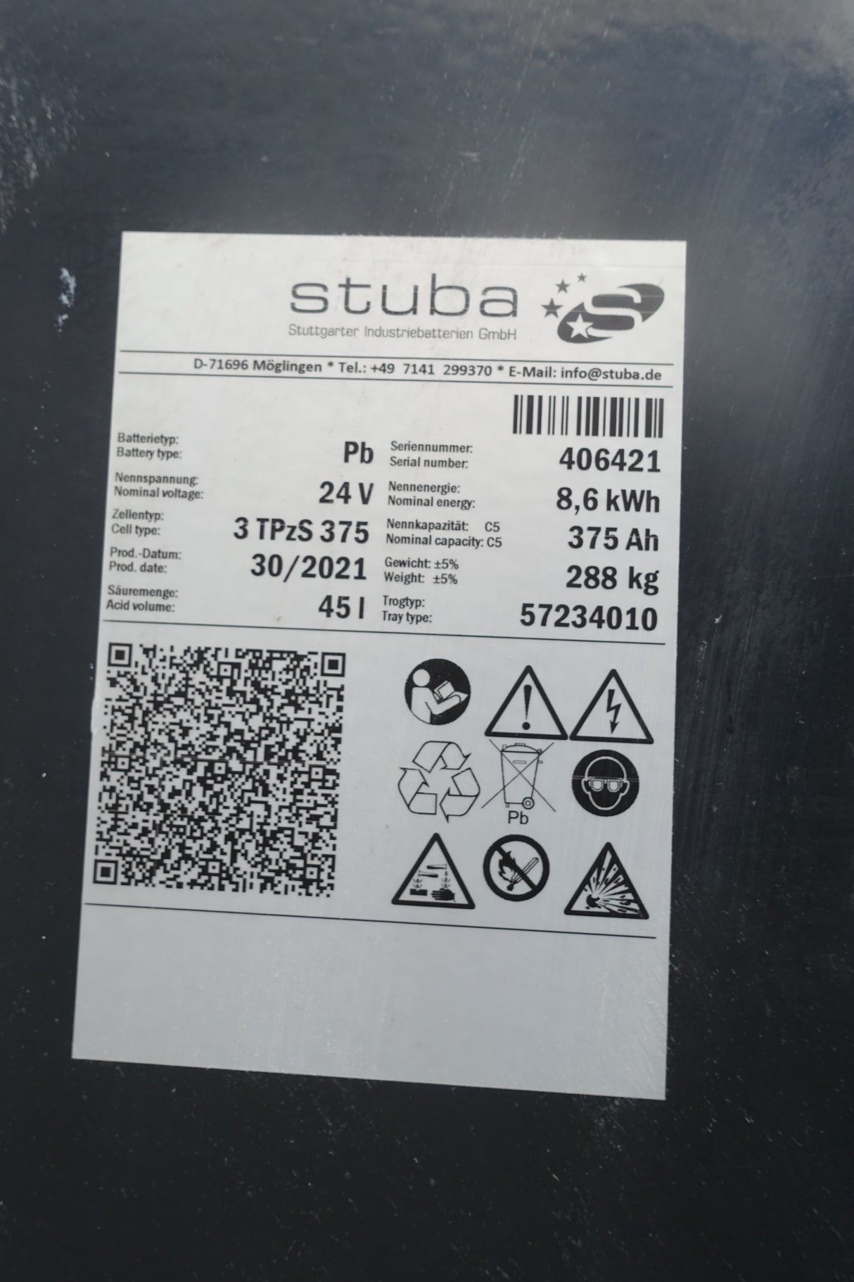 Forklift battery 24V 3PzS375