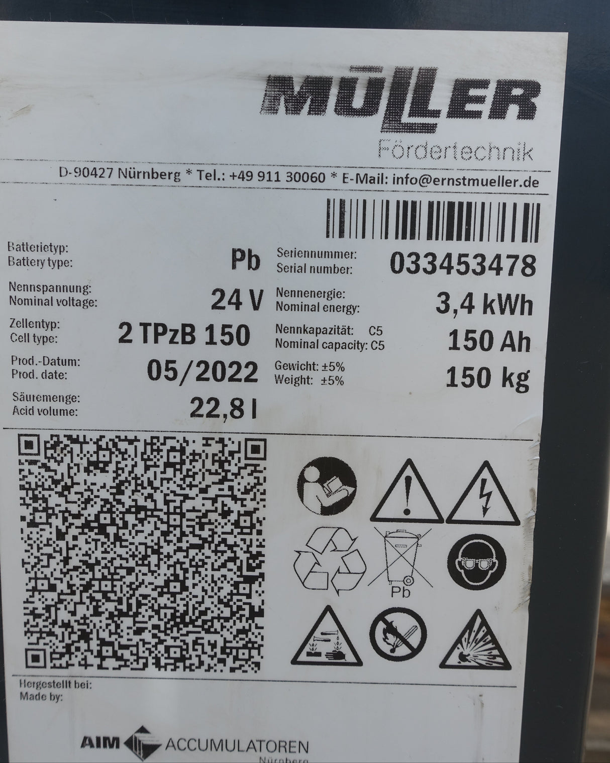 Forklift battery 24V 2PzB150