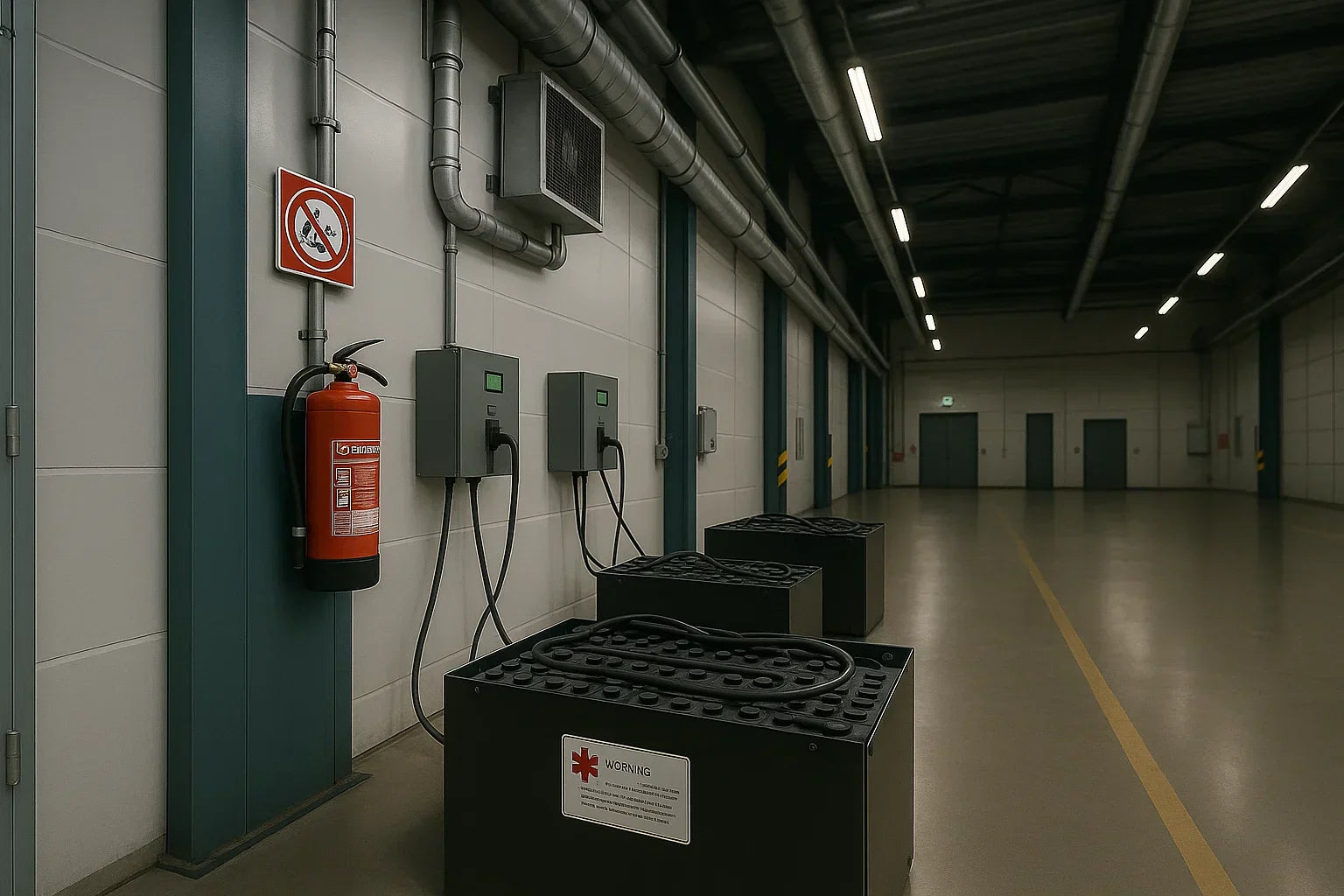 Brandschutz im Ladebereich von Staplerbatterien