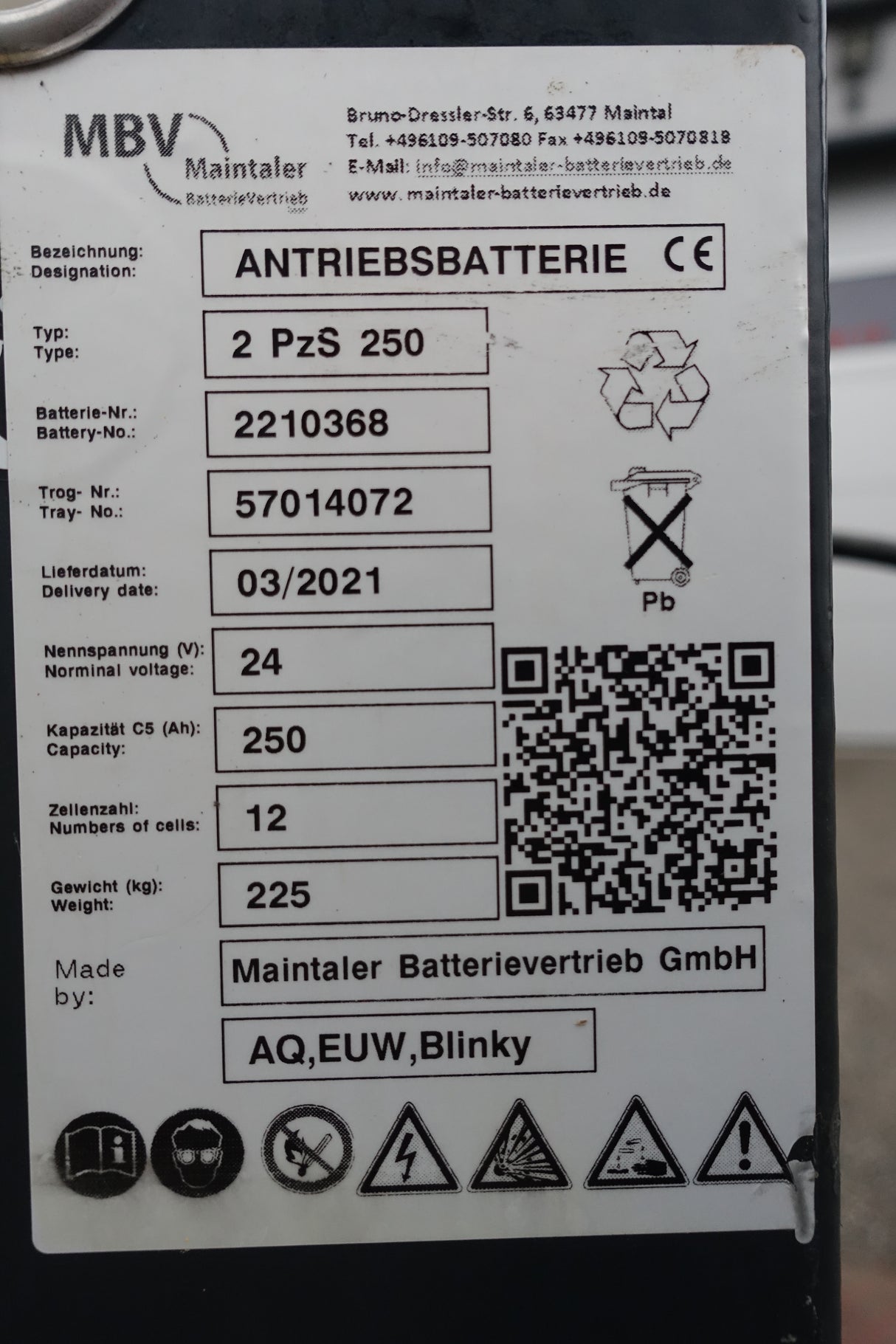 Forklift battery 24V 2PzS250