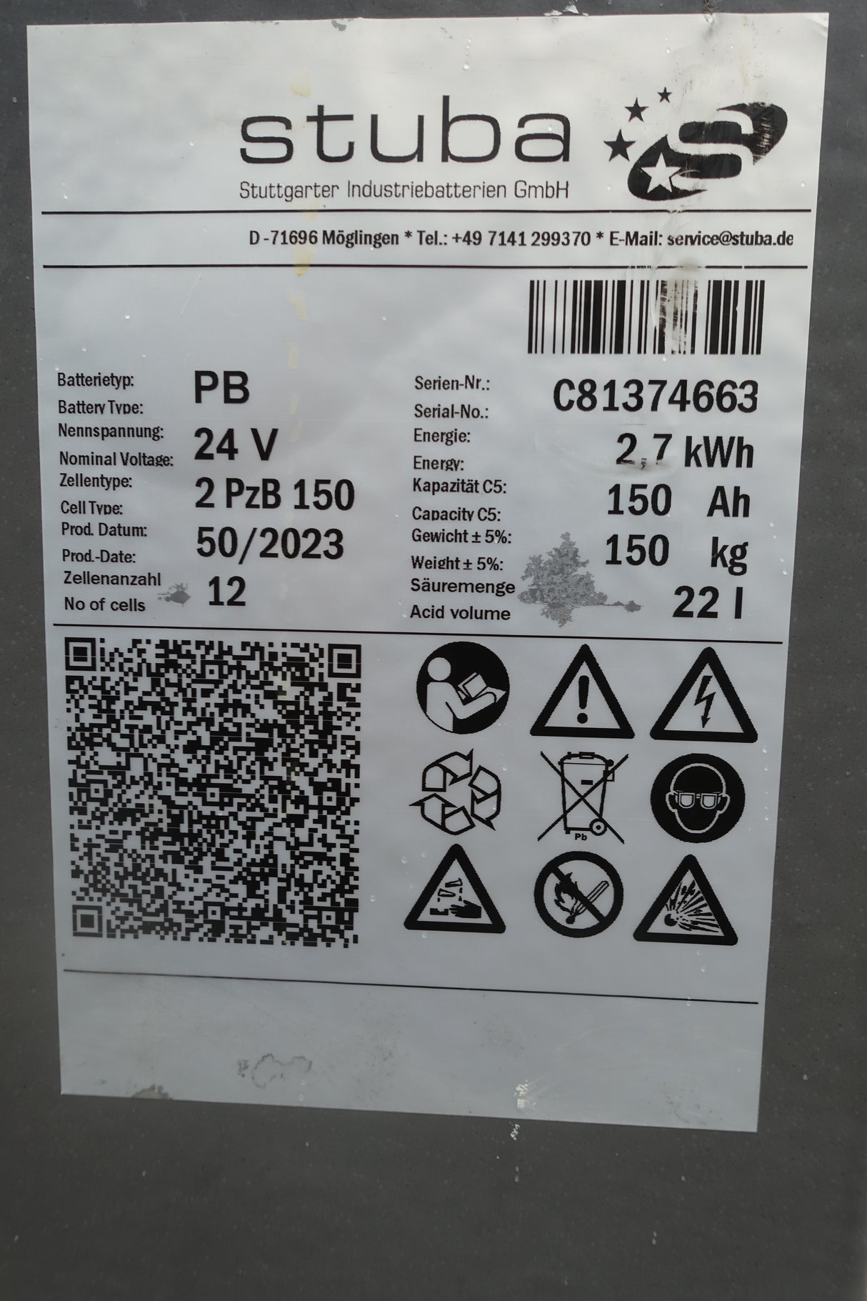 Staplerbatterie 24V 2PzB150