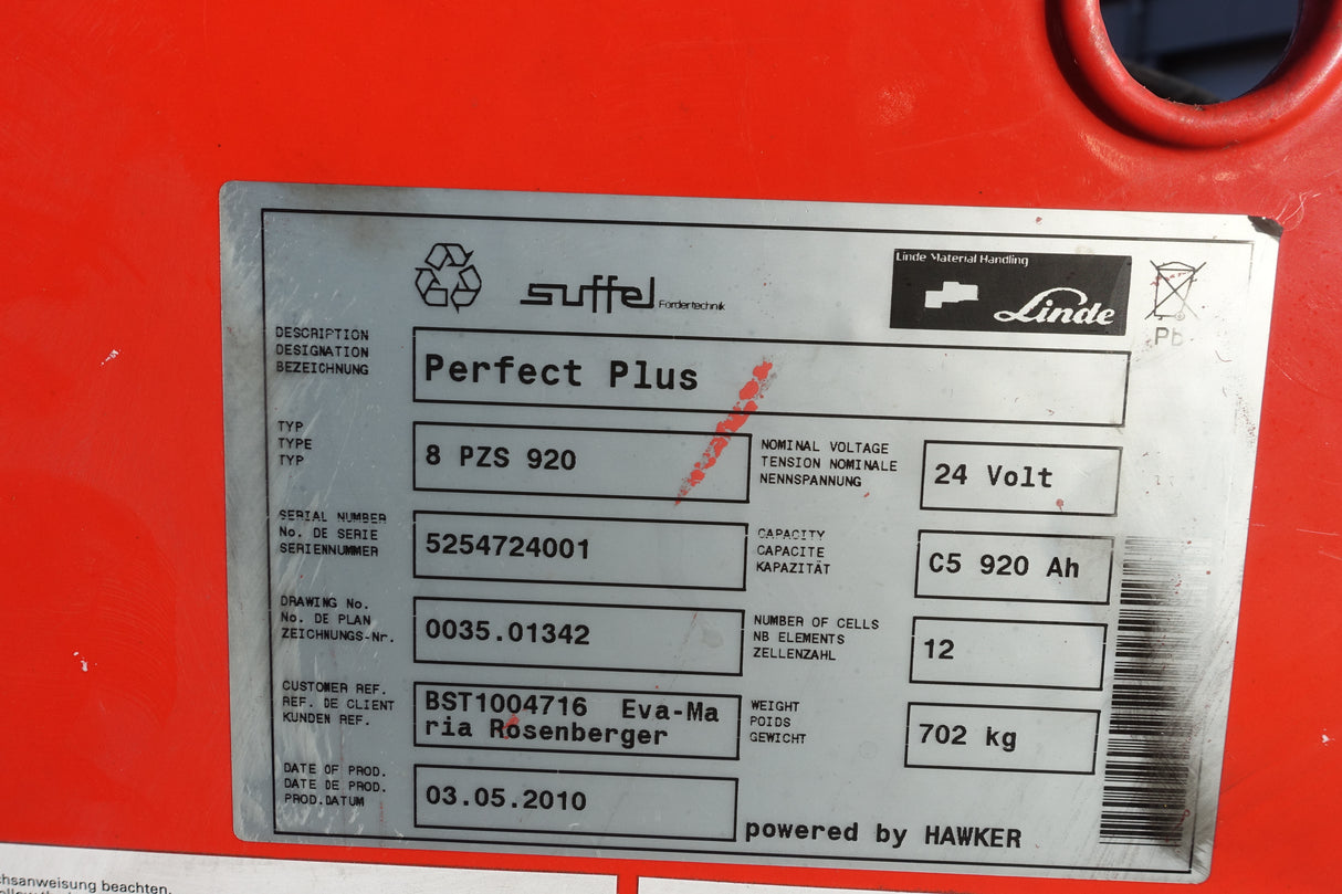 Hawker Staplerbatterie 24V 8PzS920