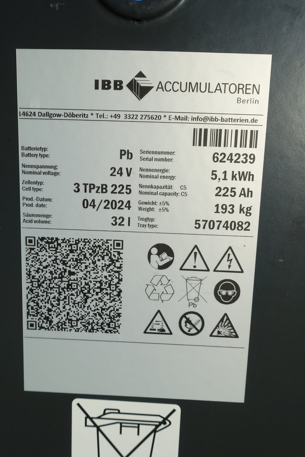 Staplerbatterie 24V 3PzB225